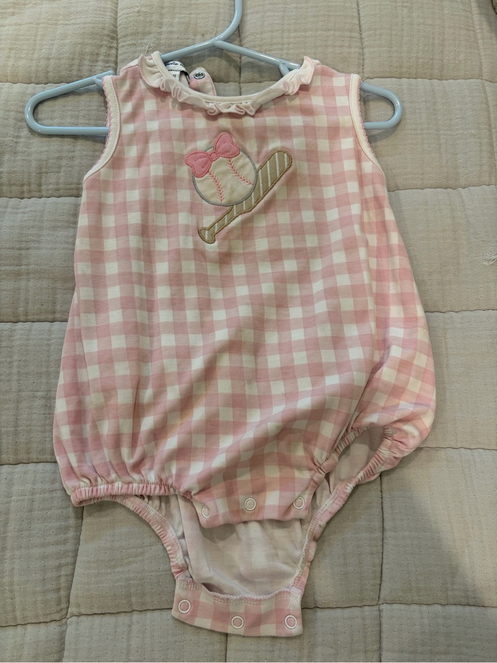 Magnolia Baby Pink Gingham Baby One-Piece Romper with Baseball Applique
